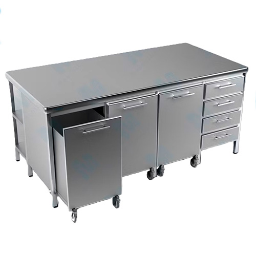 48+++ stainless-steel-wall-laboratory-bench.webp-1 Стол лабораторный Bochem 7 с раздвижными дверцами и тумбой слева из нержавеющей стали для лабораторных работ Bochem Германия — изображение 1